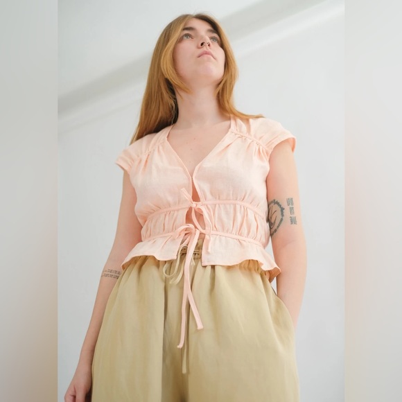 🍑Oh Seven Days🍑 Cropped Linen Top / Size L - Picture 6 of 8